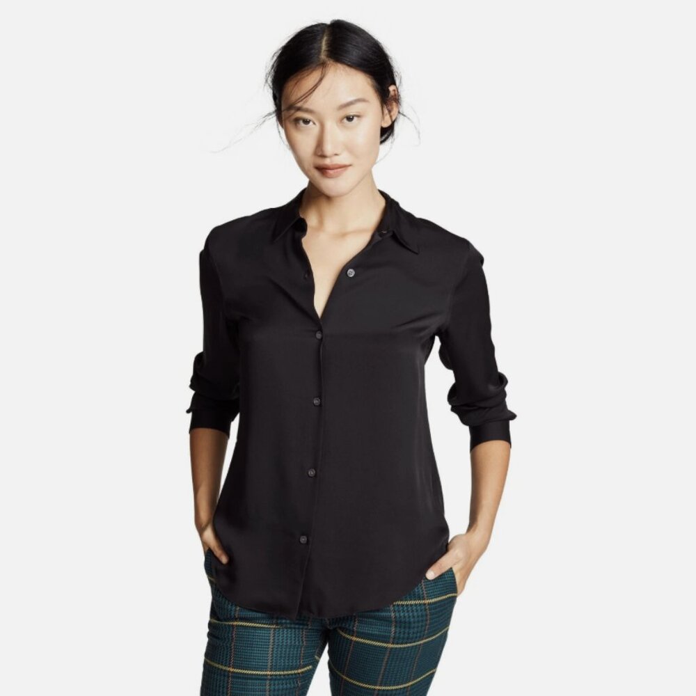 NWT Theory Tenia Classic Button Down Silk Shirt Blouse in Black Size P(XS) $245